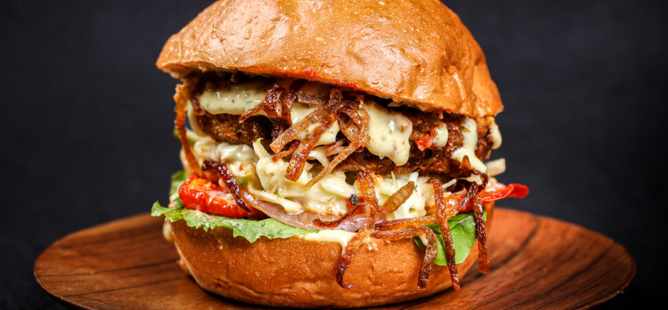 Smoked Pumpkin and Cottage Cheese Burger with garlic honey mustard mayo, rocket and crispy onions – Tavora Bandra West